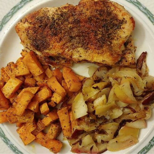 Pan-Seared Turkey Breast with Apple Bacon Sauté, and Roasted Sweet Potatoes Recipe